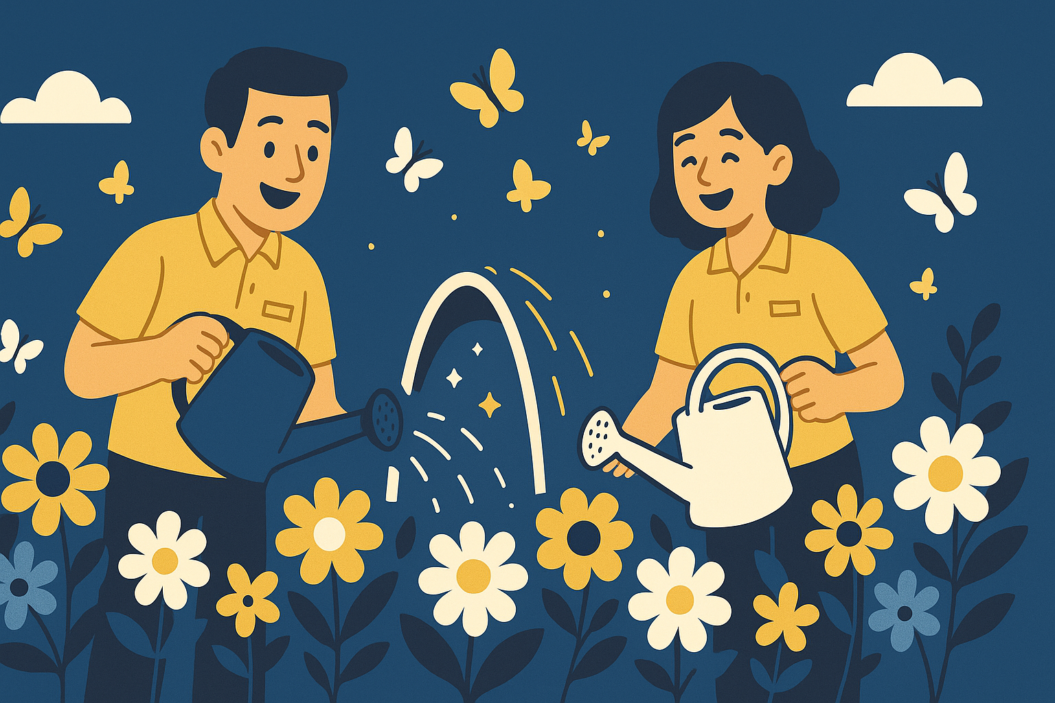 ตัวแทนประกันกำลังรดน้ำสวนดอกไม้อย่างมีความสุข